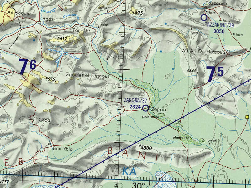 Small portion of Operational Navigational Chart ONC H-2 showing Agdz, Zagora, and a road continuing southeast, from https://lib.utexas.edu/maps/