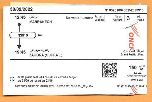 SupraTours bus ticket from Marrakech to Zagora.