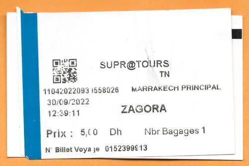 SupraTours bus luggage ticket from Marrakech to Zagora.
