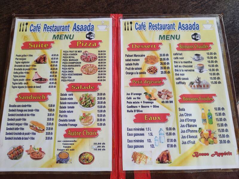 Menu in a restaurant in Zagora, Morocco.