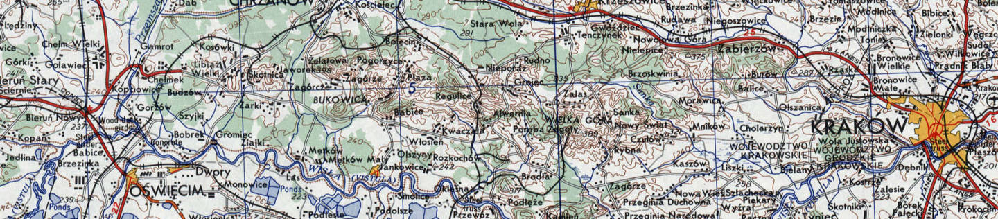 Map of southern Poland showing Krawkow and Oświęcim.