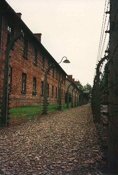 fence and buildings at Auschwitz I