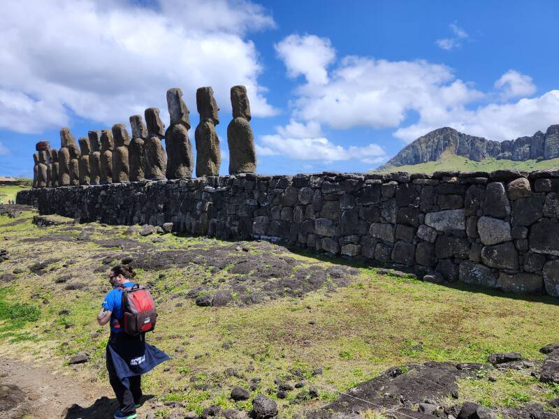 Rano Raraku in the distance beyond the rear retaining wall of the ahu at Toŋariki.