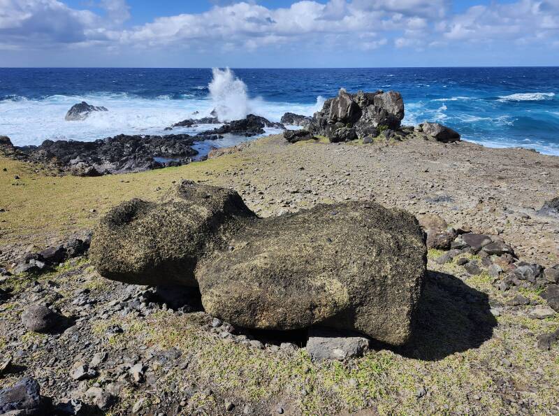 Small mo'ai near large ahu at Akahaŋa.