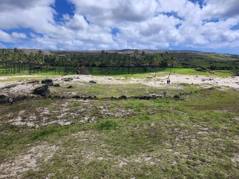 Looking down from Ahu Ature Huki over Ahu Nau Nau with its seven mo'ai.