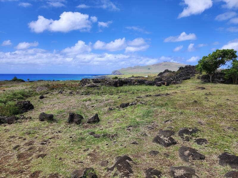 View to the east from Te Pito Kura with the Poike volcanic peak in the distance.