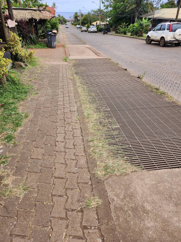 Bow-tie bricks paving the streets and sidewalks, steel grates over the drains.