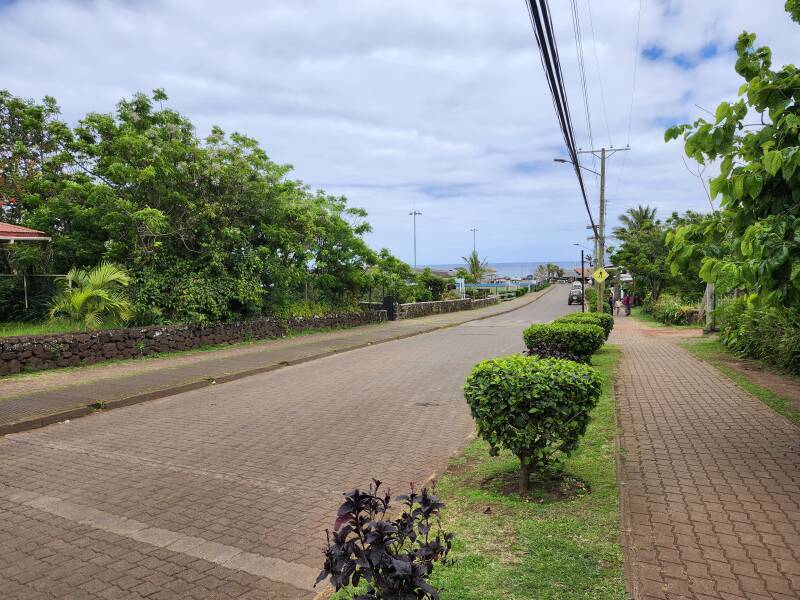 Walking down Te Pito o Te Henua from the Roman Catholic Church to the fishing port.