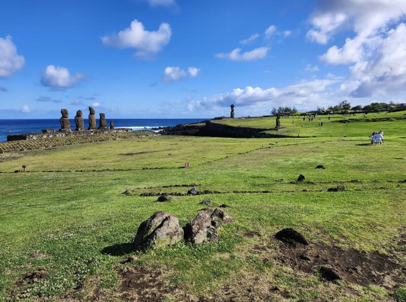 Ahu Tahai with five mo'ai, and two other ahu with one mo'ai each.