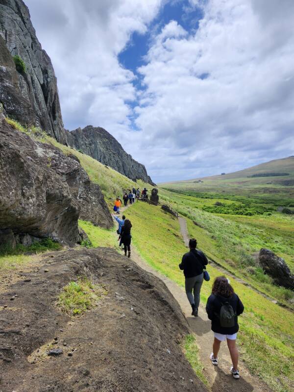 Path along the steep slope to Tukuturi, the unusual mo'ai with beard and kneeling legs.