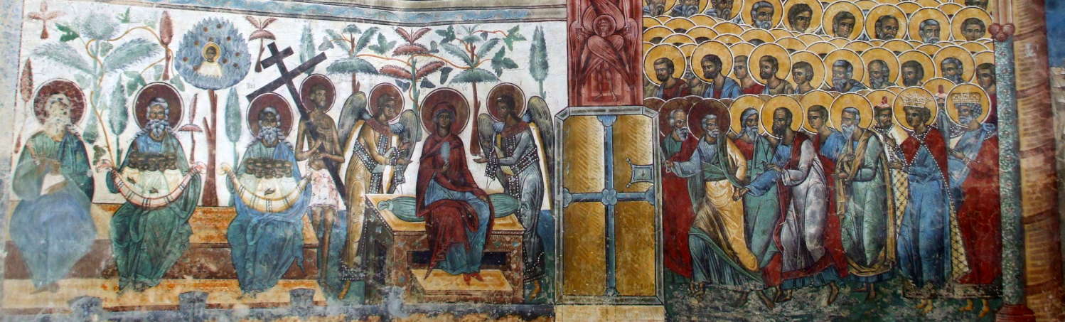 Painting of the Last Judgement on the porch of the monastery church at Mănăstirea Voroneţ near Gura Humorului in northern Romania.