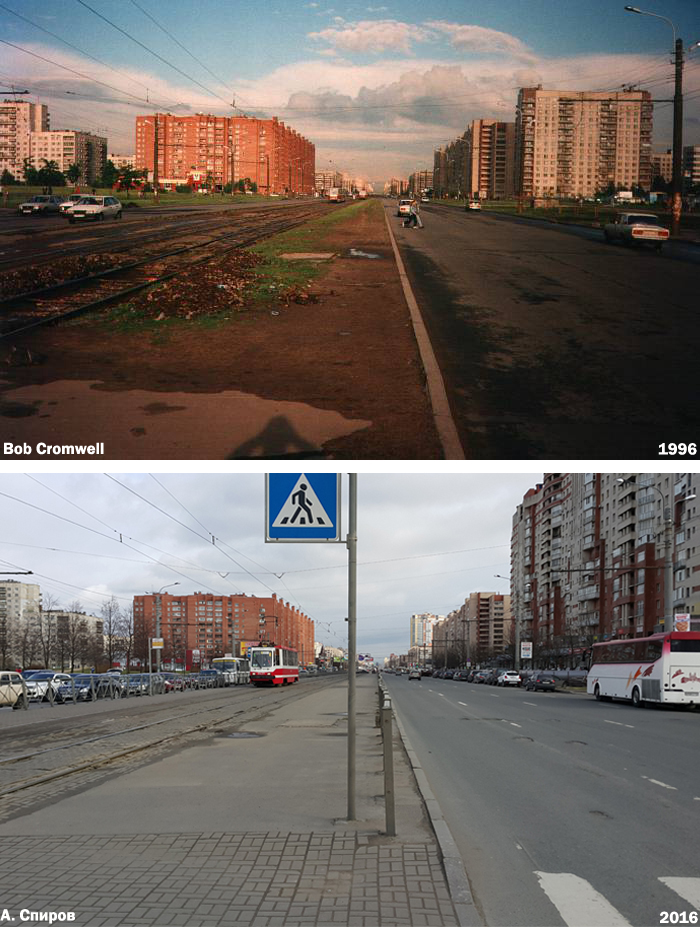 View west on Lunacharskovo Prospekt in Sankt-Peterburg, Russia, 1996 and 2016.