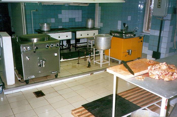Working in a Russian hospital kitchen, food preparation area.