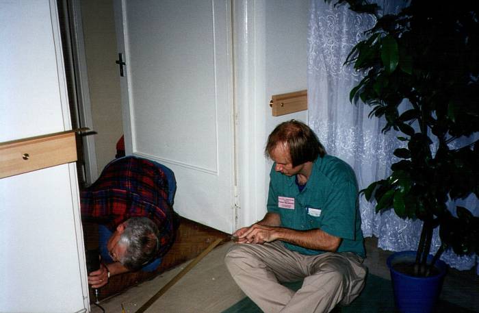 Repairing linoleum in the hospital.