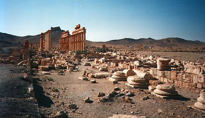 The main street and Decumanus as seem from the Temple of Ba'al at Palmyra (Tadmur), Syria.