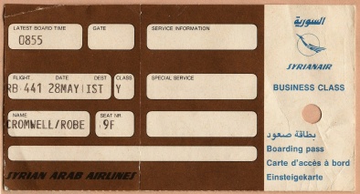 Syrian Arab Airlines boarding pass.