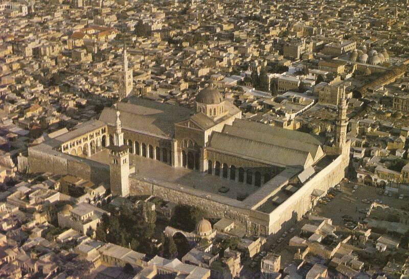 Aerial view of the Umayyad Mosque and the Old City in Damascus, Syria.