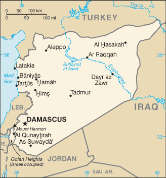CIA map of Syria showing Aleppo, Hamah, Damascus, and Palmyria (Tadmur).