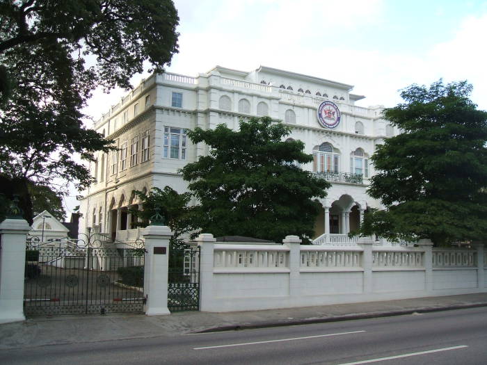 A large white mansion, Whitehall, the Prime Minister's office in Trinidad.