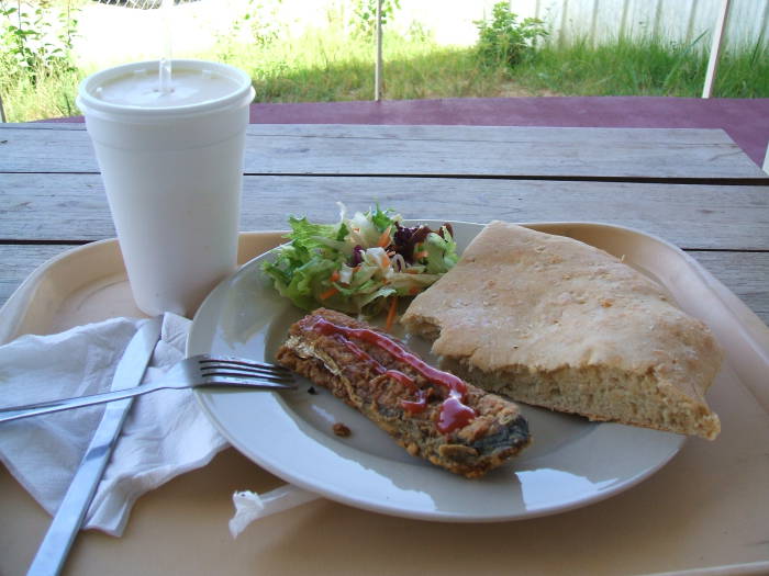 Trinidadian food: Bake and Shark breakfast at the Breakfast Shed.  Fish, bread, salad, and a large cup of juice.