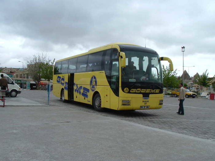 Goreme bus station, or otogar, with large modern Turkish buses.