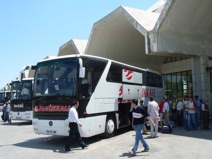 Antalya bus station, or otogar, with a large modern Turkish bus.