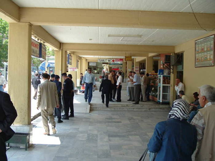 Denizli bus station, or otogar, with large modern Turkish buses.