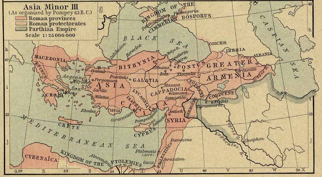 Map of the Roman provinces and protectorates in Greece and Asia Minor after 63 B.C.