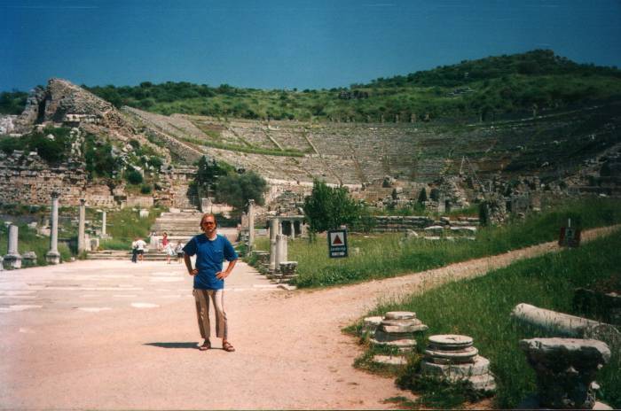 Ephesus: the Great Theatre.  Some short columns are still standing, most have fallen and lie next to their bases.