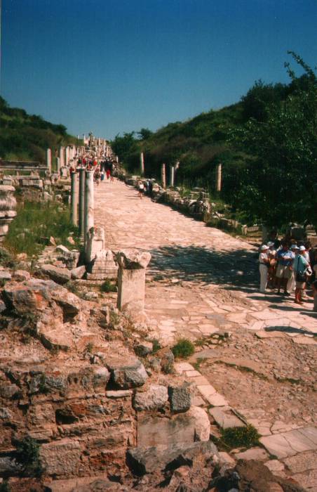 Ephesus: the city center.  Curates Way leads up the hill past some fountains and temples.