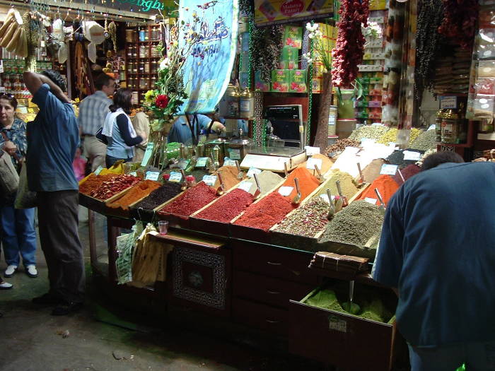 Spices for sale in the Egyptian Bazaar, also known as the Spice Bazaar, or Misr Carsisi, in Istanbul.