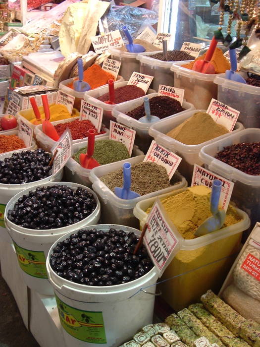 Spices for sale in the Egyptian Bazaar, also known as the Spice Bazaar, or Misr Carsisi, in Istanbul.