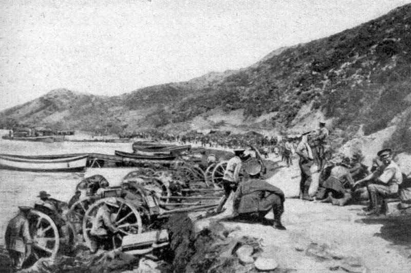 Anzac Cove shortly after the landing, from https://commons.wikimedia.org/wiki/File:Anzac_Cove1.jpg