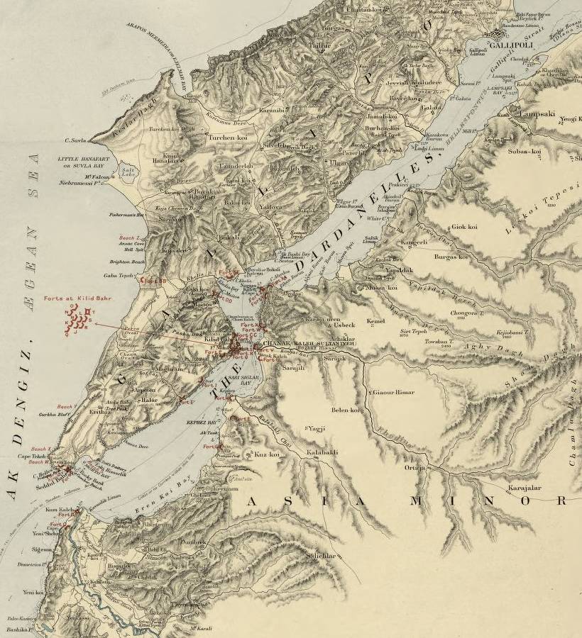 Map of Gallipoli, from https://commons.wikimedia.org/wiki/File:Battle_of_Gallipoli_-_map_of_Turkish_dispositions_in_April_1915.png