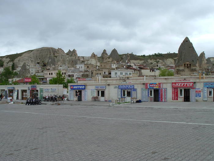 Bus station at the central square in Göreme, in Cappadocia, Turkey.