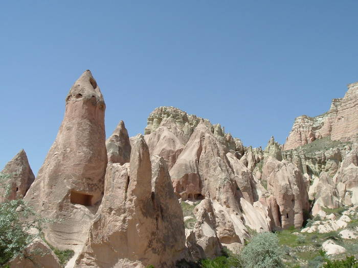 Rose Valley beyond the Church of the Three Crosses, near Göreme, Cappadocia, Turkey.