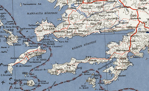 Map of the Bodrum peninsula in Turkey and the nearby Greek islands including Kos.