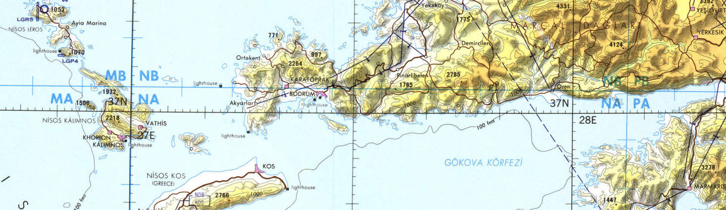 TPC map G-3 B showing Bodrum, Turkey.