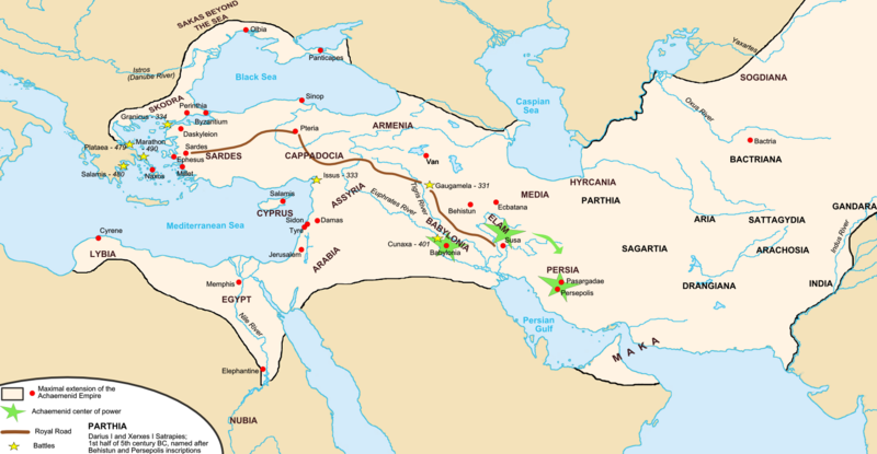 Map of the Silk Road routes under the Achaemenid Empire from https://en.wikipedia.org/wiki/File:Map_achaemenid_empire_en.png