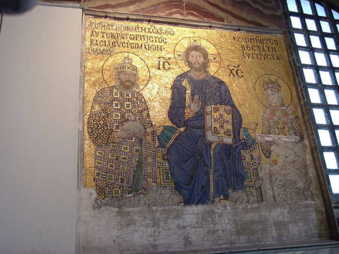 Mosaic inside the Hagia Sophia or Aya Sofya, in Istanbul.  Constantine IX Monomachus, Jesus, and Empress Zoe.