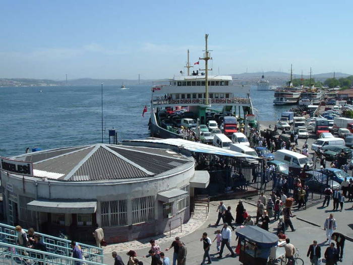 Ferry docks along the Golden Horn, crossing the Bosphorus in Istanbul.