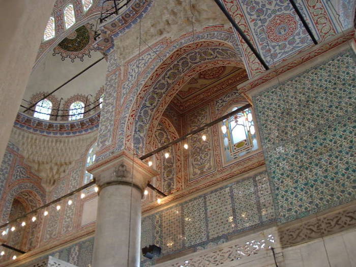 Interior of the Blue mosque or Sultanahmet Cami, in Istanbul.  Blue tile walls with geometric and floral designs, the origin of the name.