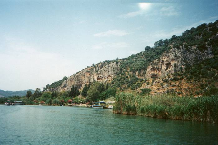Lycian tombs in the cliff faces overlooking Köyceğiz Gölü near Dalyan, Turkey.