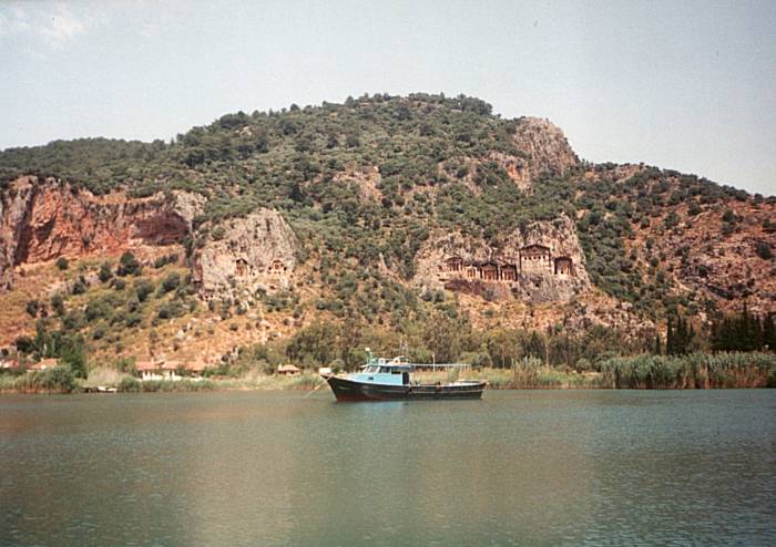 Lycian tombs in the cliff faces overlooking the Dalyan river in Turkey.