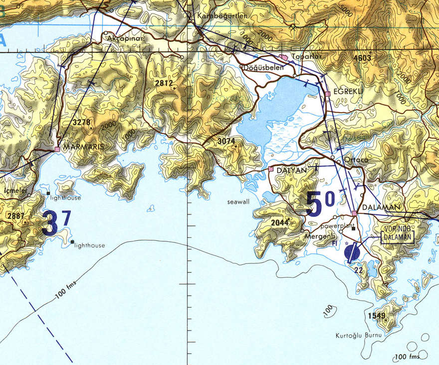 Tactical Pilotage Chart G-3B showing the Turkish coast from Marmaris to Fethiye, including Dalyan.