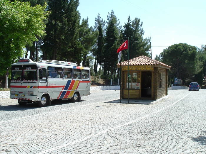 A bus at the entrance to Maryemana Evi, the Virgin Mary's home, near Ephesus