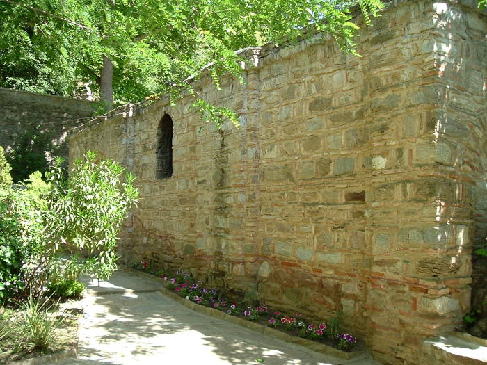 The Virgin Mary's house at Maryemana Evi.  A red painted line indicates the level of the 300 AD structure standing at its discovery in 1891.