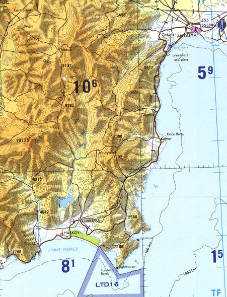 Aeronautical chart TPC G-3B showing the Turkish coast south of Antalya.