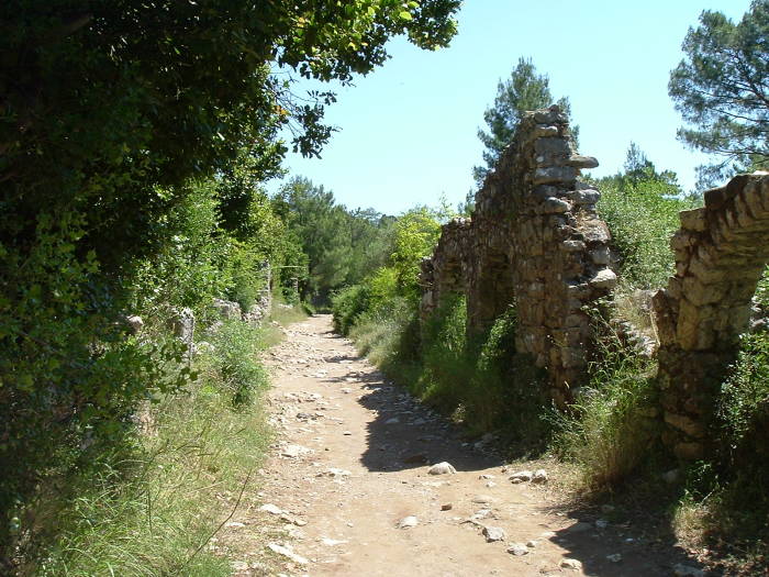 The valley of Olympos, passing through the ancient ruins.