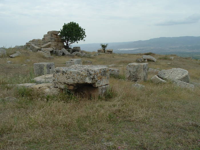 Scattered ruins of Laodicea, with the Pamukkale travertines visible in the distance.
